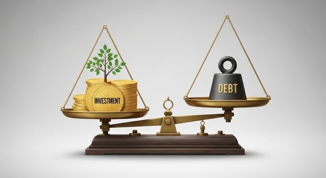 A balance scale showing investment (coins and a tree) being outweighed by a heavy debt weight, symbolizing financial struggles.