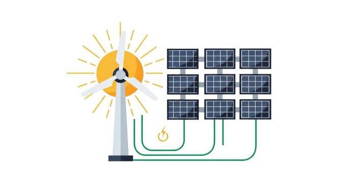 Illustration of renewable energy sources featuring a wind turbine and solar panels connected by electrical lines.