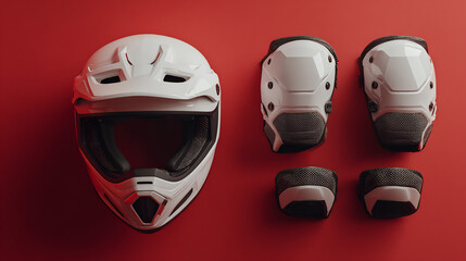 Fototapeta premium White Motocross Helmet and Protective Pads for Extreme Sports on Red Background
