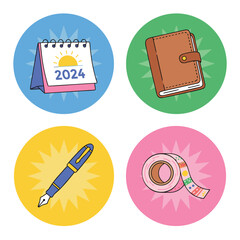 2024 Calendar, Notebook, Pen, and Decorative Tape Icons.