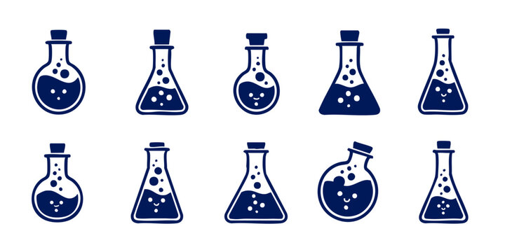 Eight dark blue laboratory flasks filled with bubbling liquids on a white background for science and chemistry experiments.
