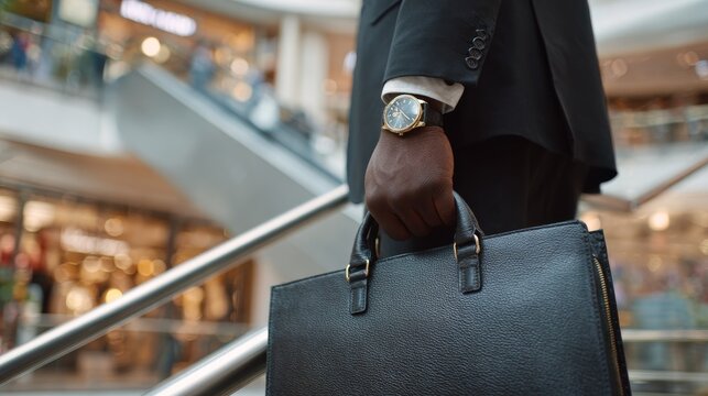Businessman holding briefcase on escalator.