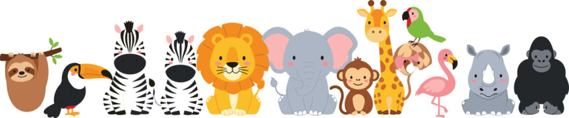 Adorable hand-drawn safari animal vector collection including sloth, toucan, zebra, lion, elephant, monkey, giraffe, flamingo, rhino, parrot, and gorilla, perfect for kids and educational designs © MD SOJIB 