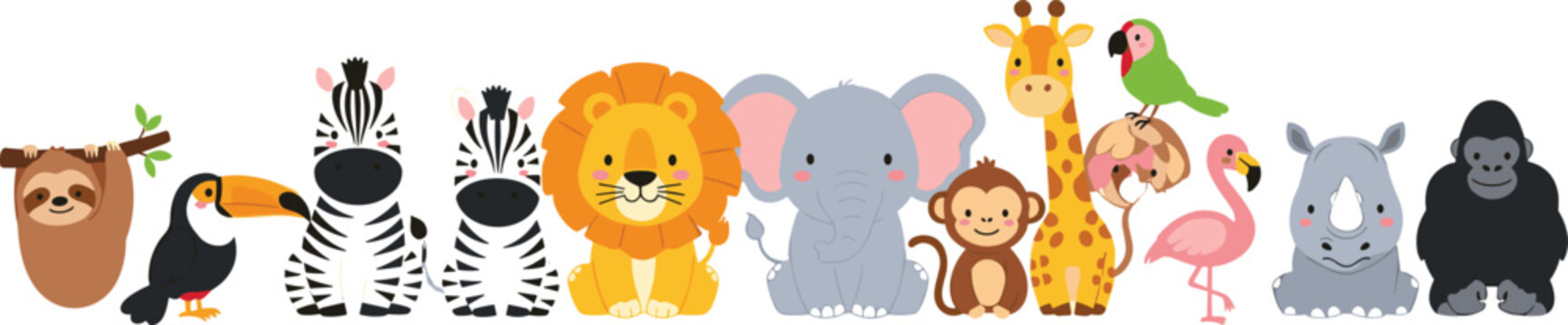 Adorable hand-drawn safari animal vector collection including sloth, toucan, zebra, lion, elephant, monkey, giraffe, flamingo, rhino, parrot, and gorilla, perfect for kids and educational designs