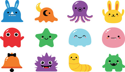 Cute Kawaii Cartoon Monster and Animal Icon Set with Colorful Funny Creatures for Kids Design, Stickers, Mascot Illustration, and Playful Flat Vector Collection. © MstSuborna