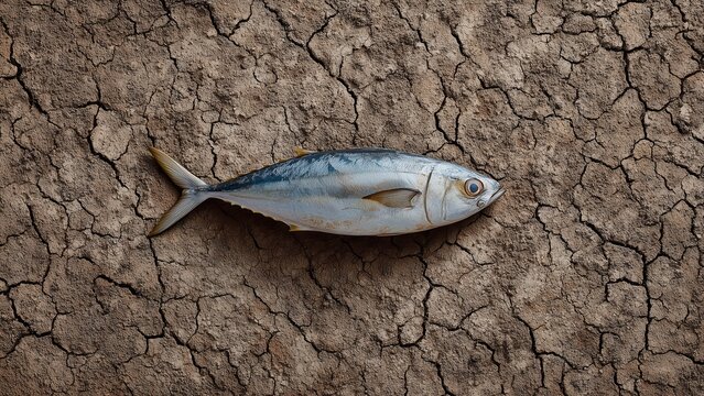 Fish on dry cracked earth climate change impact environmental crisis drought water scarcity