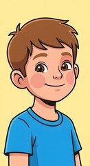Obraz premium A cheerful young boy with brown hair and a blue t-shirt, smiling warmly and looking directly at the viewer, exuding friendliness and innocence
