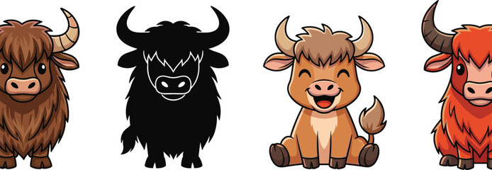 Cute Highland Cow Cartoon Character Set with Silhouette and Color Variations Adorable Farm Animal Mascot Vector Collection for Kids Illustration Design © MdMojnu