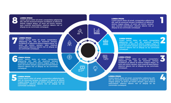 Collection of vector circle chart infographic templates for presentations, advertising, layouts, annual reports. 8 options, steps, parts	