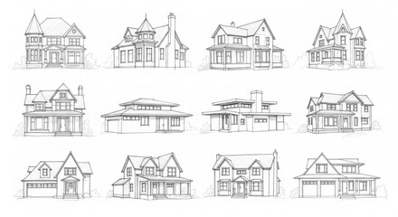 Fototapeta premium Hand Drawn House Sketch, Residential Architecture Silhouettes, Pencil Home Designs, Building Illustration Vector Collection