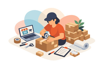 Fototapeta premium Woman packing boxes for online shopping delivery service.