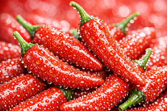 Fresh Red Chili Peppers with Water Drops: High-Resolution Food Photography.