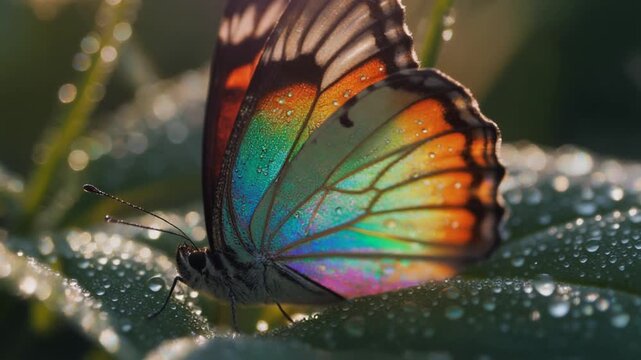 Static close-up video of a butterfly with iridescent wings on a dewy leaf. Dewdrops glisten on surface. Four identical frames in sequence. No camera movement. Wildlife footage for nature projects