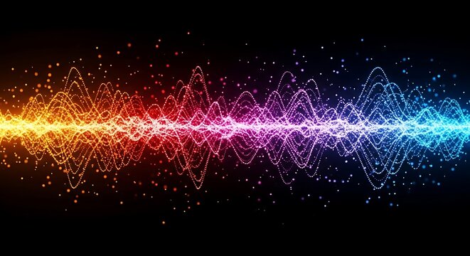 Abstract digital sound wave visualization with glowing particle flow and vibrant gradient light effects on black