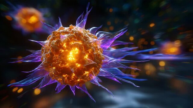 A Magnificent Close-up Display of a Vibrant Cell with Radiant Colors, Emphasizing Its Intricate Structure and Dynamic Energy in a Captivating Microcosmic Environment