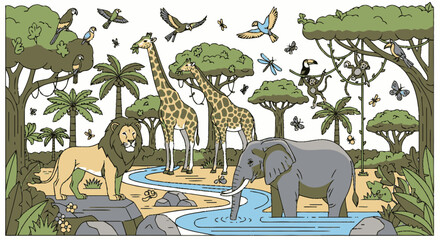 Obraz premium African Savannah Wildlife Scene with Lion Elephant Giraffes.