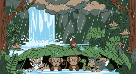 Obraz premium Cute animals hiding under large leaves during a rainstorm.