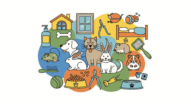 Collection of Cute Domestic Pets and Accessories.