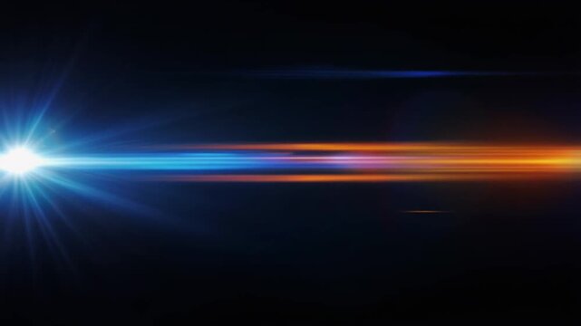 Vibrant anamorphic light flares feature glowing horizontal blue and amber streaks on a black backdrop. Ideal for movie trailers, sci-fi transitions, and digital overlays