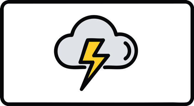 A cloud illustration containing a lightning bolt in yellow, outlined in black, inside a gray cloud, also outlined in black, all against a white box