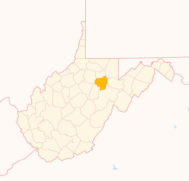 Map of the County Barbour (West Virginia, US) showing the Federal State with the highlighted County