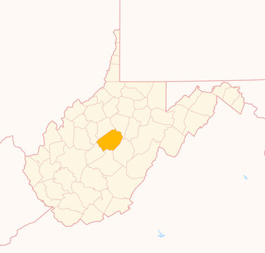 Map of the County Braxton (West Virginia, US) showing the Federal State with the highlighted County