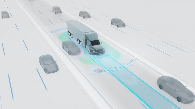3D Animation of Self-Driving Truck Illustrating Sensors and Advanced Cruise Control Capabilities. Autonomous Semi-Truck With Lane Keeping and Surrounding Traffic Awareness Technology. White Background