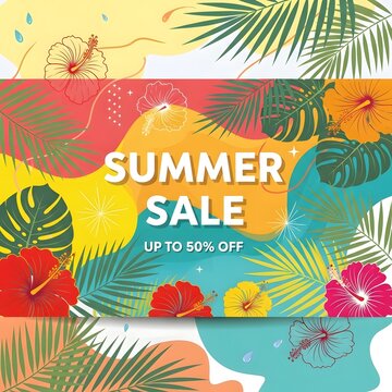 Vibrant Summer Sale Banner with Tropical Flowers and Leaves, Offering Up to 50% Off Discounts
