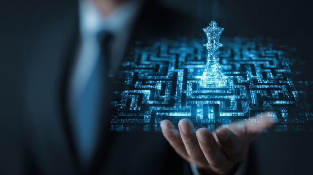 Businessman holding digital maze.