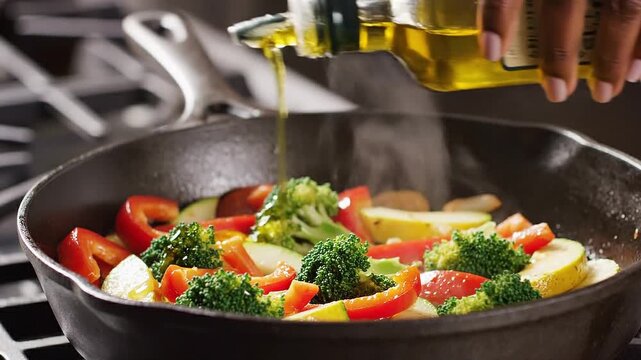 Pouring Olive Oil Over Fresh Food &ndash; Healthy Cooking Close Up Macro Shot