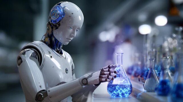 A futuristic robot scientist carefully analyzes glowing blue liquids in laboratory glassware, showcasing the intersection of technology and scientific exploration.