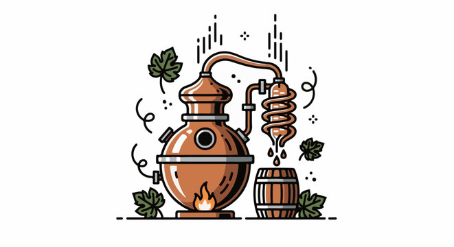 Copper still with coiled condenser, dripping into barrel, surrounded by leaves