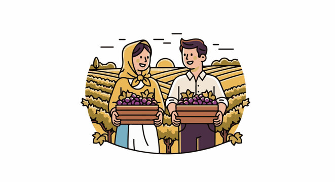 Couple harvests grapes in sunlit vineyard, bringing in autumn bounty