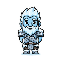 Fototapeta premium A cartoon character with light blue skin, white hair, a beard, and armor is depicted with arms crossed. He has a friendly, yet stern expression