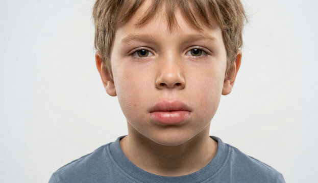 Close up portrait of a young boy with swollen lips suffering from an allergic reaction or Angioedema disease