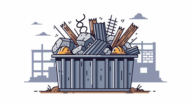 Construction debris fills a dumpster with debris and hard hats