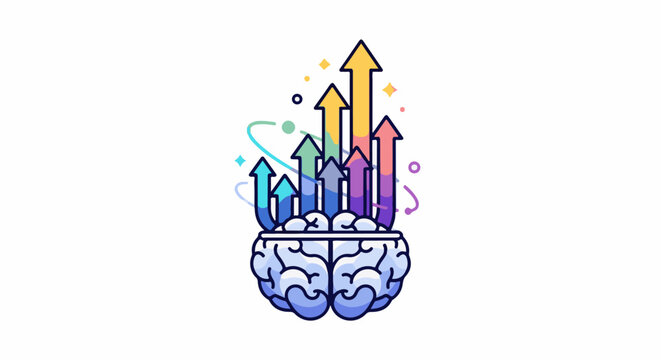Colorful upward arrows emerge from a stylized brain