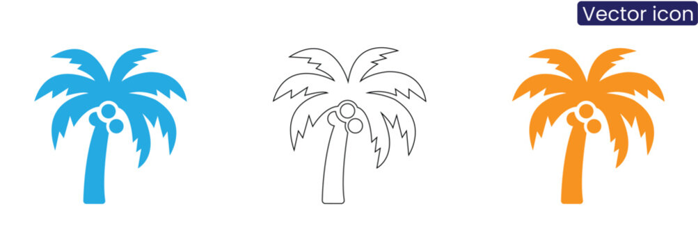 Vector icon set of palm trees in blue, black, and orange on white background, perfect for travel, summer, or tropical concepts