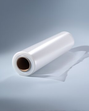 Roll of transparent stretch film for packaging on light grey background