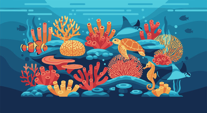Colorful coral reef with diverse marine life and undulating blue water