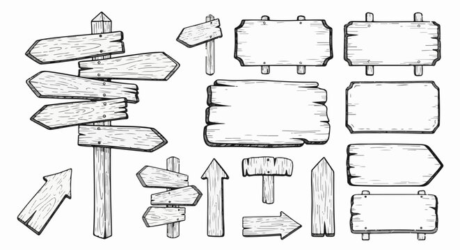 Collection of vintage wooden signs and direction pointers