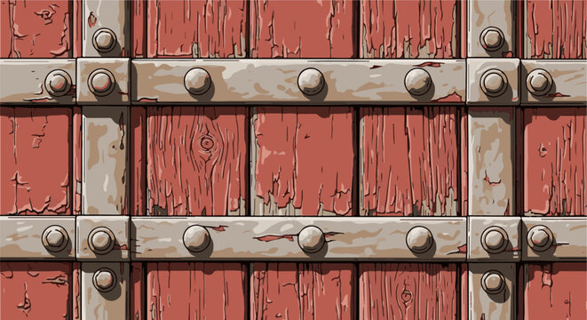 Close-up of an old weathered wooden gate with metal studs and bands