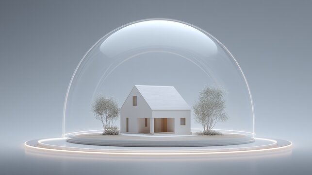 White minimalist house model protected by glass dome on glowing base