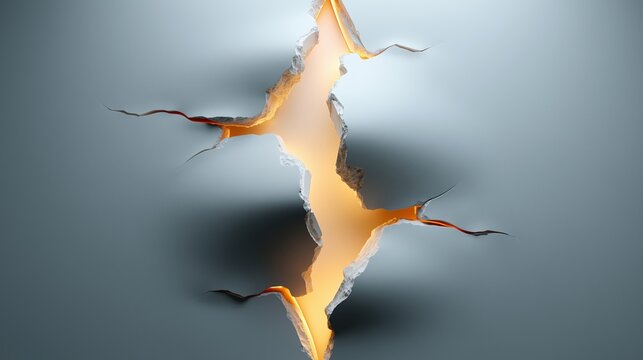 Cracked gray wall with glowing fissure, abstract rupture across minimal surface