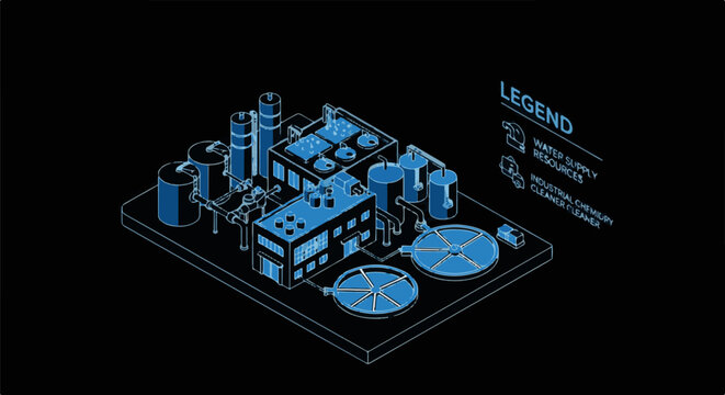 Blueprint style isometric view of a water treatment facility with a legend