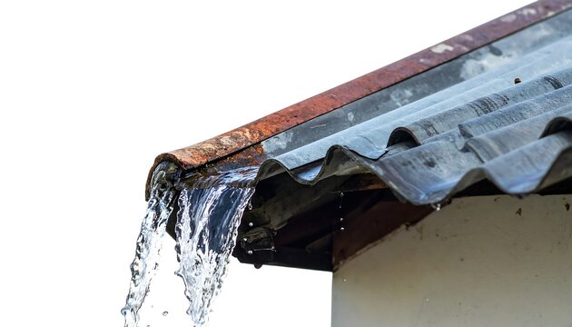 Close-up of a roof edge with rain pouring down, creating a flowing waterfall. The building has a white wall and the roof is made of corrugated metal
