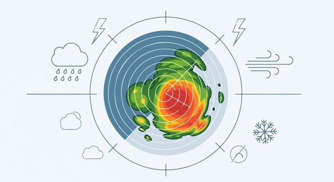 Circular weather radar displaying storm with surrounding weather icons
