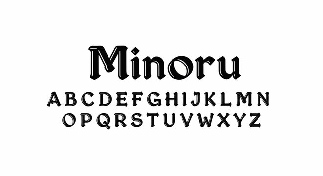 Black gothic alphabet and name "Minoru" against a white background
