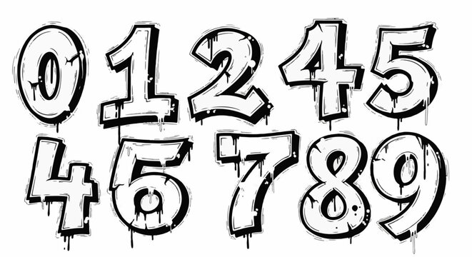Bold graffiti-style numbers 0 through 9 with dripping paint effect