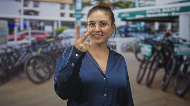 Woman smiling and showing v sign with fingers, wearing glasses and blue blouse beside a row of rental bikes at street bike rental kiosk; confidence travel friendly.